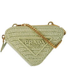 Load image into Gallery viewer, PRADA Triangle Logo Raffia Embroidered Leather Chain Pouch Green
