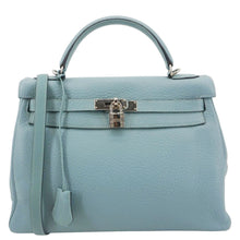 Load image into Gallery viewer, HERMES Kelly 32 Square Taurillon Clemence Leather Tote Shoulder Bag Light Blue