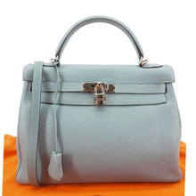 Load image into Gallery viewer, HERMES Kelly 32 Square Taurillon Clemence Leather Tote Shoulder Bag Light Blue