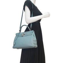 Load image into Gallery viewer, HERMES Kelly 32 Square Taurillon Clemence Leather Tote Shoulder Bag Light Blue