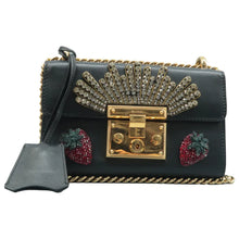 Load image into Gallery viewer, Gucci Strawberry Embroidered Small Padlock Calfskin Shoulder Bag Black