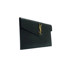 Load image into Gallery viewer, Saint Laurent  Calfskin Crocodile Embossed Uptown Monogram Clutch Black