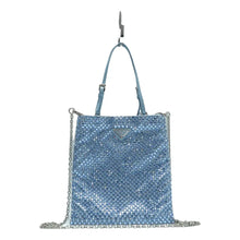 Load image into Gallery viewer, Prada  Satin Crystal Metal Triangle Logo Chain Crossbody Handbag Celeste