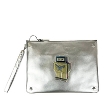Load image into Gallery viewer, MCM Robot Design Leather Wristlet Pouch Bag Silver