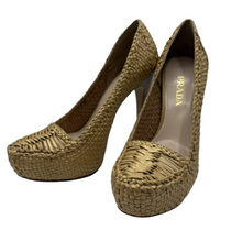 Load image into Gallery viewer, Prada Leather Woven Heel Pump Gold