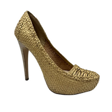 Load image into Gallery viewer, Prada Leather Woven Heel Pump Gold