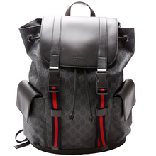 Load image into Gallery viewer, Gucci GG Supreme Monogram Calfskin Web Double Buckle Backpack Bag Black
