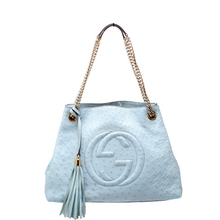 Load image into Gallery viewer, Gucci Soho Ostrich Leather Shoulder Bag Medium Blue
