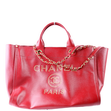 Load image into Gallery viewer, Chanel Deauville Studded Caviar Leather Shoulder Bag Red
