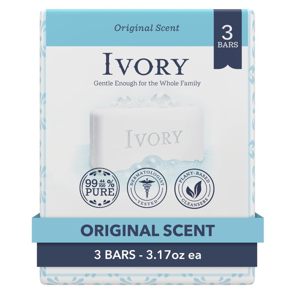 Ivory Gentle Bath Bar Soap, Designed for Whole Family, 99.44% Pure Formula with Plant-Based Cleansers, Made Without Heavy Perfumes, Parabens or Phthalates, Original Scent, 4.0 oz (4 Count)