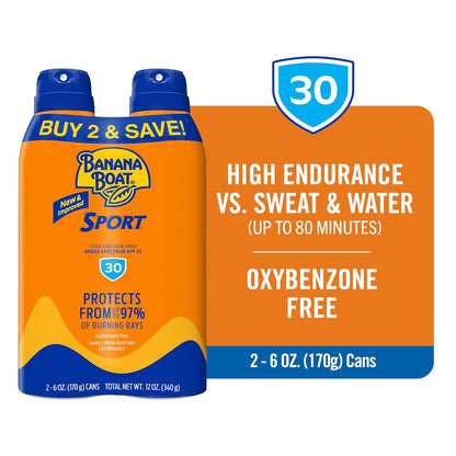 Banana Boat Sport Ultra SPF 30 Sunscreen Spray | Banana Boat Sunscreen Spray SPF 30, Water Resistant, Oxybenzone Free, 6oz each Twin Pack