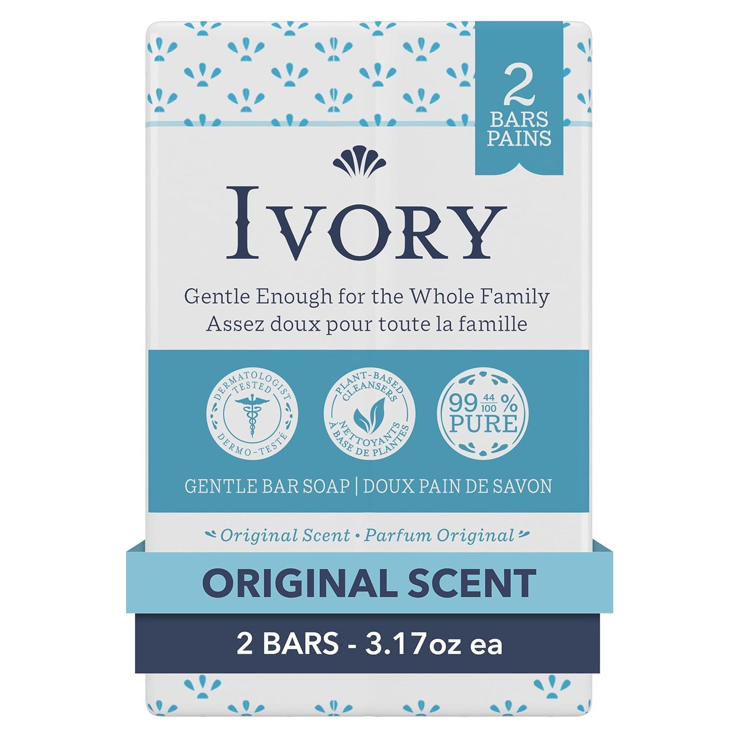 Ivory Gentle Bath Bar Soap, Designed for Whole Family, 99.44% Pure Formula with Plant-Based Cleansers, Made Without Heavy Perfumes, Parabens or Phthalates, Original Scent, 4.0 oz (4 Count)