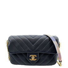 Load image into Gallery viewer, CHANEL Mini Rectangular Flap Chevron Leather Crossbody Bag Navy Blue
