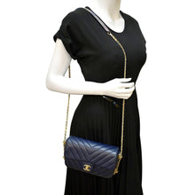 Load image into Gallery viewer, CHANEL Mini Rectangular Flap Chevron Leather Crossbody Bag Navy Blue
