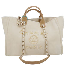 Load image into Gallery viewer, CHANEL Deauville Medium Pearl Embellished Canvas Tote Bag Cream
