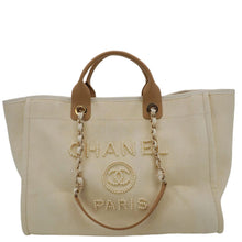 Load image into Gallery viewer, CHANEL Deauville Medium Pearl Embellished Canvas Tote Bag Cream
