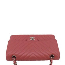 Load image into Gallery viewer, CHANEL Classic Double Flap Chevron Peach Leather Shoulder Bag upper look
