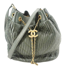Load image into Gallery viewer, CHANEL Chevron Leather Drawstring Bucket Crossbody Bag Green
