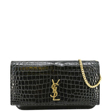 Load image into Gallery viewer, YVES SAINT LAURENT Monogram Sunset Crocodile Embossed Leather Shoulder Bag Black
