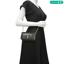 Load image into Gallery viewer, YVES SAINT LAURENT Monogram Sunset Crocodile Embossed Leather Shoulder Bag Black
