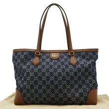 Load image into Gallery viewer, GUCCI Ophidia GG Medium Jacquard Denim Tote strips front look
