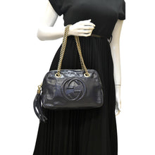 Load image into Gallery viewer, GUCCI; Soho Chain Shoulder bag Navy Blue Leather 308983 with body view
