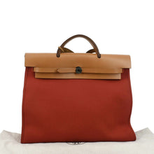 Load image into Gallery viewer, HERMES HerbagTote Shoulder Bag Canvas/Leather Red/brown with back view
