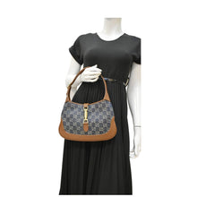 Load image into Gallery viewer, GUCCI Jackie 1961 GG Jacquard Denim Hobo Bag Navy Blue 636706
