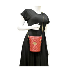 Load image into Gallery viewer, GUCCI GG Marmont Mini Matelasse Chevron Leather Bucket Crossbody Bag Red 575163
