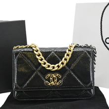 Load image into Gallery viewer, CHANEL 19 CC WOC Quilted Shiny Leather Wallet On Chain Crossbody Bag Black
