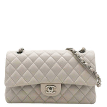 Load image into Gallery viewer, CHANEL Classic Double Flap Medium Quilted Caviar Leather Shoulder Bag White front look
