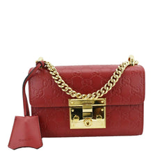 Load image into Gallery viewer, GUCCI Signature Padlock Leather Top Handle Shoulder Bag Red 409487
