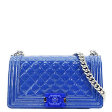 Load image into Gallery viewer, CHANEL Boy Flap Old Medium Plexiglass Patent Leather Crossbody Bag Blue
