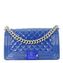 Load image into Gallery viewer, CHANEL Boy Flap Medium Plexiglass Patent Leather Crossbody Bag Blue
