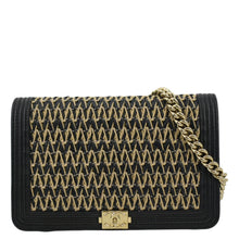 Load image into Gallery viewer, CHANEL Boy Flap Woven Raffia Leather Shoulder Bag Black
