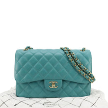 Load image into Gallery viewer, CHANEL Classic Double Flap Jumbo Quilted Caviar Leather Shoulder Bag Turquoise
