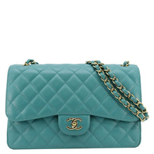 Load image into Gallery viewer, CHANEL Classic Double Flap Jumbo Quilted Caviar Leather Shoulder Bag Turquoise
