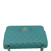 Load image into Gallery viewer, CHANEL Classic Double Flap Jumbo Quilted Caviar Leather Shoulder Bag Turquoise
