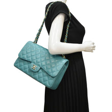 Load image into Gallery viewer, CHANEL Classic Double Flap Jumbo Quilted Caviar Leather Shoulder Bag Turquoise
