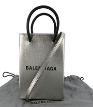 Load image into Gallery viewer, BALENCIAGA Metallic Logo Leather Shopping Phone Holder Silver
