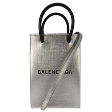 Load image into Gallery viewer, BALENCIAGA Metallic Logo Leather Shopping Phone Holder Silver
