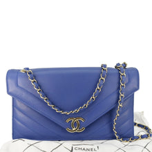 Load image into Gallery viewer, CHANEL Coco Envelope Flap Quilted Chevron Leather Crossbody Bag Blue
