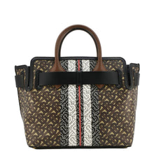 Load image into Gallery viewer, BURBERRY Belted Small Monogram Stripe E-Canvas Tote Shoulder Bag Brown
