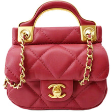 Load image into Gallery viewer, CHANEL Women Top Handle Flap Card Holder Quilted Leather Chain Shoulder Bag Red
