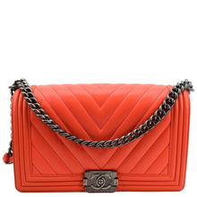 Load image into Gallery viewer, CHANEL Medium Boy Flap Chevron Quilted Calfskin Shoulder Bag Red
