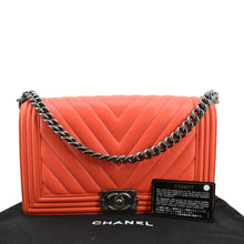 Load image into Gallery viewer, CHANEL Medium Boy Flap Chevron Quilted Calfskin Shoulder Bag Red
