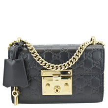 Load image into Gallery viewer, GUCCI Signature Padlock Leather Top Handle Shoulder Bag Black front look
