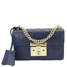 Load image into Gallery viewer, Gucci Signature Padlock Leather Top Handle Blue Shoulder Bag front look
