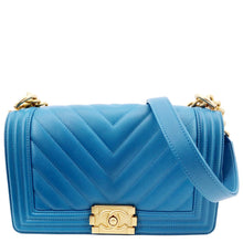 Load image into Gallery viewer, CHANEL Medium Boy Flap Chevron Quilted Calfskin Shoulder Bag Blue
