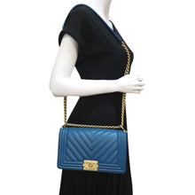 Load image into Gallery viewer, CHANEL Medium Boy Flap Chevron Quilted Calfskin Shoulder Bag Blue
